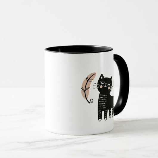 Whimsical Black Cat Watching a Feather Fly Tasse (VorderseiteRechts)