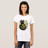 Whimsical Black Cat with Yellow Flowers T-Shirt (Vorne ganz)