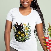 Whimsical Black Cat with Yellow Flowers  T-Shirt