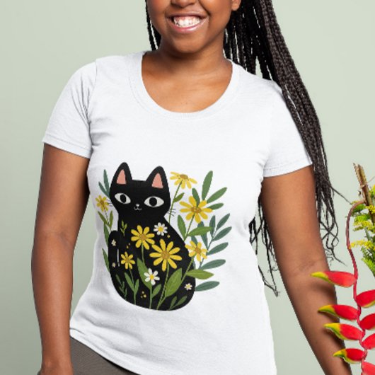 Whimsical Black Cat with Yellow Flowers  T-Shirt