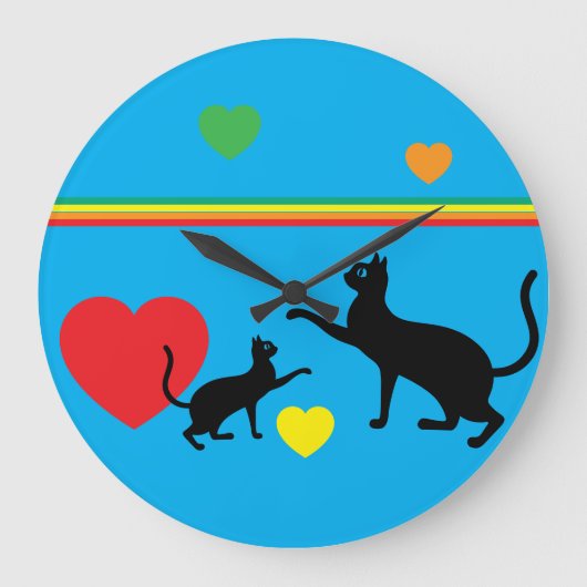Whimsical Black Cats and Rainbow Round Clock Große Wanduhr (Vorderseite)