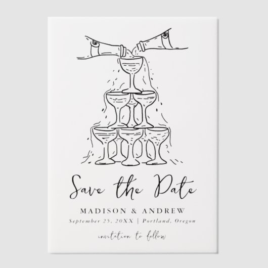 Whimsical Black Champagne Tower Save the Date Pergament Einladungen (Vorderseite)