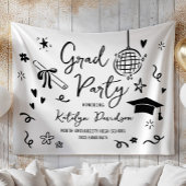 Whimsical Black Doodle Custom Grad Party Backdrop Wandteppich