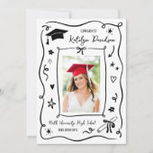 Whimsical Black Doodle Photo Grad Party Einladung (Vorderseite)