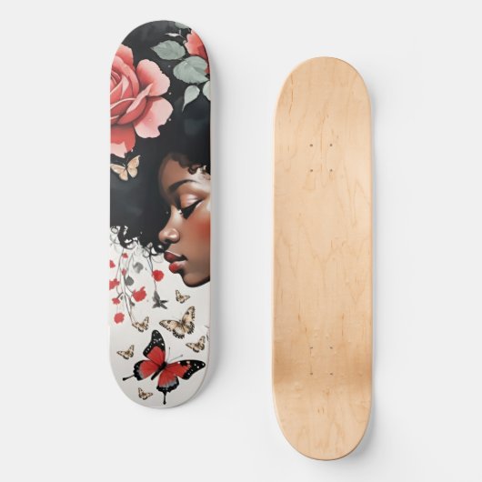 Whimsical Black Girl mit Rose und Schmetterlingen Skateboard (Vorderseite)