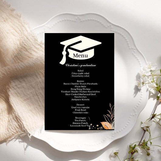 Whimsical Black Graduation Party Dinner Menü Menükarte