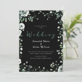 Whimsical Black Greenery und Gold Wedding Einladung (Stehend Vorderseite)