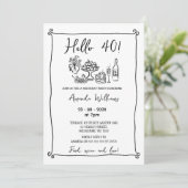 Whimsical Black Hand Drawn 40. Geburtstag Einladung (Stehend Vorderseite)