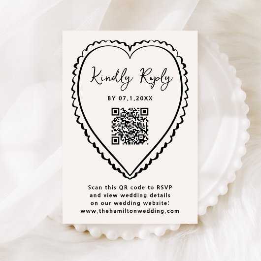 Whimsical Black Heart QR Code Wedding RSVP Karte
