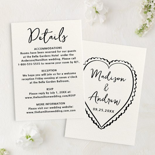 Whimsical Black Heart Wedding Details Begleitkarte