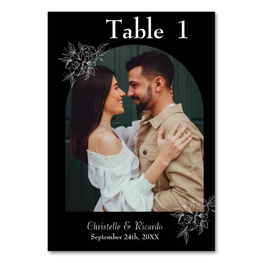 Whimsical Black Hochzeit Foto Tischnummer (Vorderseite)