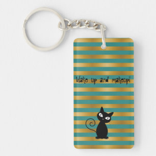 Whimsical Black Katze,Streifen-Wach auf und schmin Schlüsselanhänger