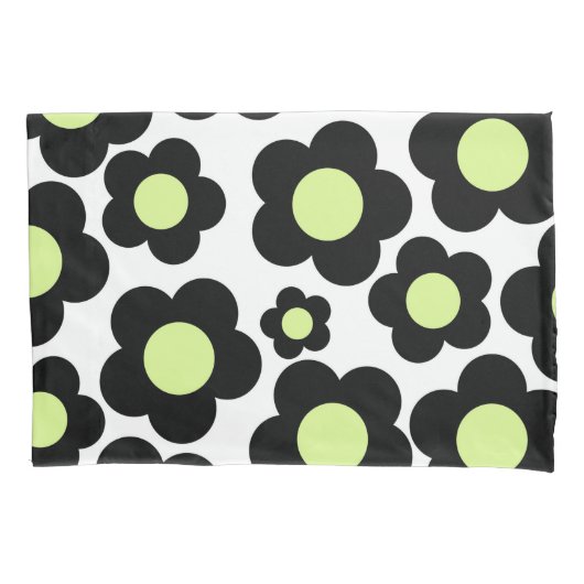 Whimsical Black & Lime Green Floral Retro Cheerfu Kissenbezug (Vorderseite)