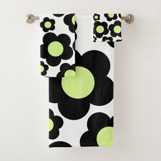 Whimsical Black & Lime Green Floral Retro fröhlich Badhandtuch Set (Insitu)