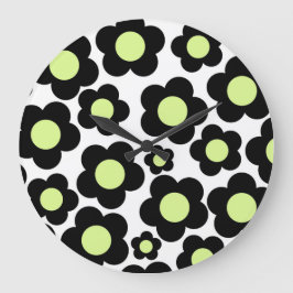 Whimsical Black & Lime Green Floral Retro fröhlich Große Wanduhr
