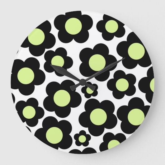 Whimsical Black & Lime Green Floral Retro fröhlich Große Wanduhr (Vorderseite)