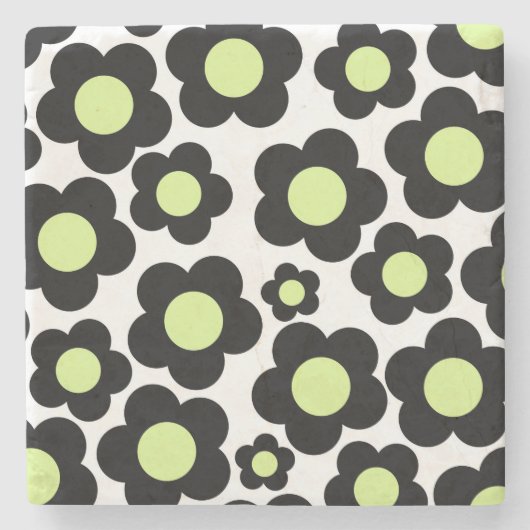Whimsical Black & Lime Green Floral Retro fröhlich Steinuntersetzer (Vorderseite)