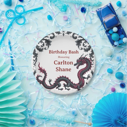 Whimsical Black Red Dragon Damask Sweet 16 Bash Pappteller (Party)