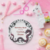 Whimsical Black Red Dragon Damask Sweet 16 Bash Pappteller (Party)