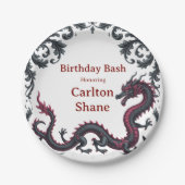 Whimsical Black Red Dragon Damask Sweet 16 Bash Pappteller (Vorderseite)