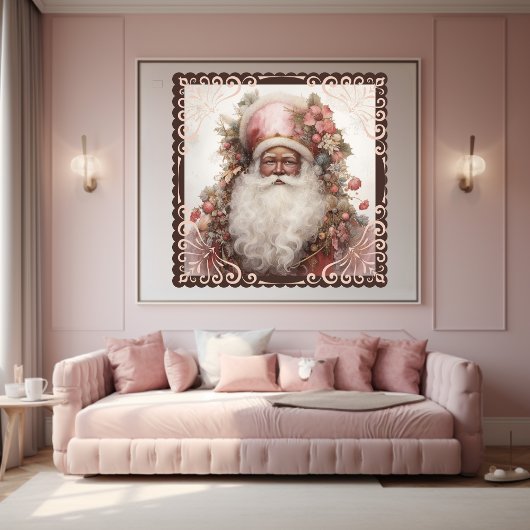 Whimsical Black Santa: Florals & Soft Pinks Poster