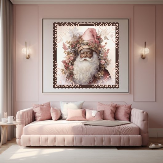 Whimsical Black Santa: Pink & Earth Tones Poster