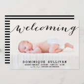 Whimsical Black Script Foto Geburtsankündigung Ankündigung (Vorne/Hinten)