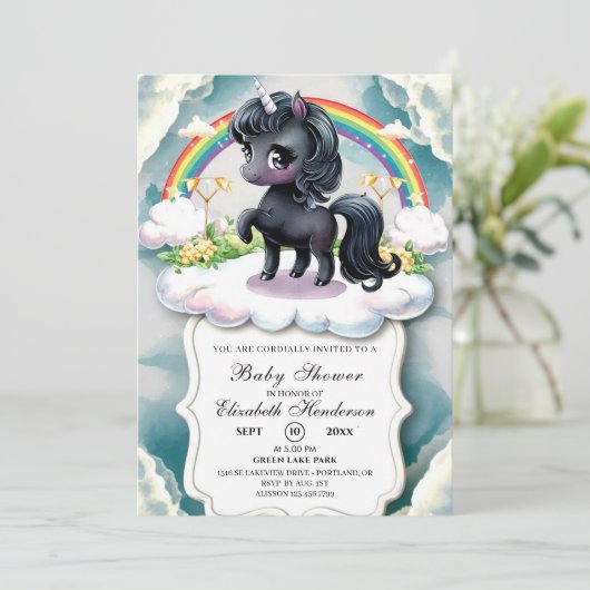 Whimsical Black Unicorn Kinderdusche Einladung (Stehend Vorderseite)