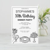 Whimsical Black & White 50. Geburtstag Abendessen Einladung (Stehend Vorderseite)