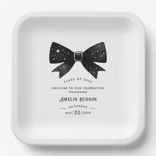 Whimsical Black & White Bow Graduation Party Pappteller (Vorderseite)