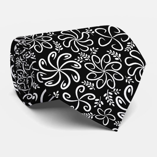 Whimsical Black White Spiral Flower Leafs Pattern Krawatte (Gerollt)