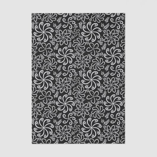 Whimsical Black White Spiral Flower Leafs Pattern Seidenpapier (Vorderseite)