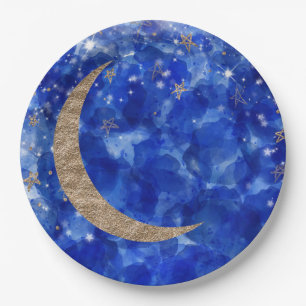 Whimsical Blau Gold Bronze Mond Sterne Baby Shower Pappteller