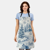 Whimsical Blau und Weiß Weihnachten Winter Szene Schürze (Getragen)