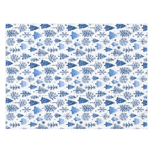 Whimsical Blau und Weiß Winterbaum und Schneeflock Tischdecke (Vorderseite (Horizontal))