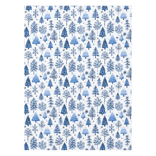 Whimsical Blau und Weiß Winterbaum und Schneeflock Tischdecke (Vorderseite)
