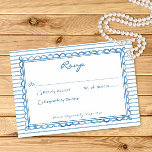 Whimsical Blaue Aquarell-Streifen-Hochzeit RSVP Karte