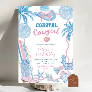 Whimsical Blaue Pinke Küsten-Cowgirl-Geburtstags-E Einladung