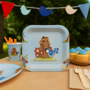 Whimsical Blaue Vogel und Vogelhaus Süßer Frühling Pappteller