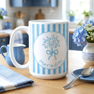 Whimsical Blaue Weiße Streifen Preppy Monogramm Kaffeetasse