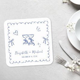Whimsical Blaue Wellenförmige Rahmen Hochzeit Rechteckiger Pappuntersetzer