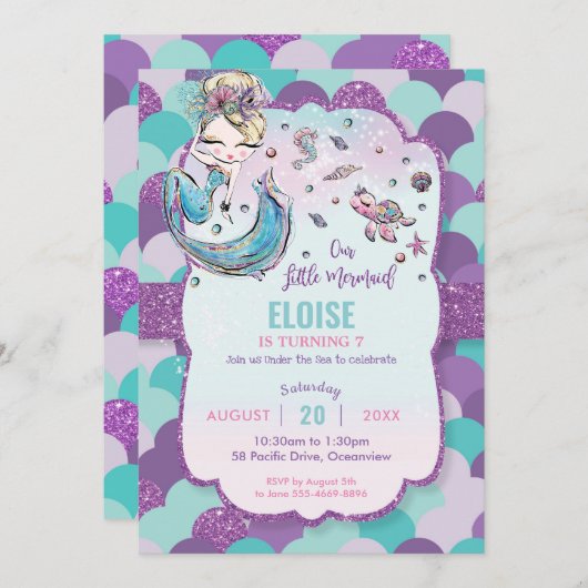 Whimsical Blonde Mermaid Birthday Party Lila Einladung (Vorne/Hinten)