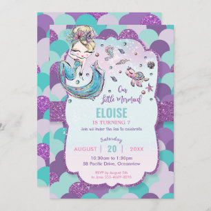Whimsical Blonde Mermaid Birthday Party Lila Einladung