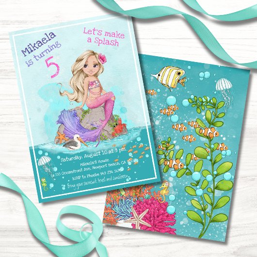 Whimsical Blonde Pink Mermaid Girl Birthday Party Einladung