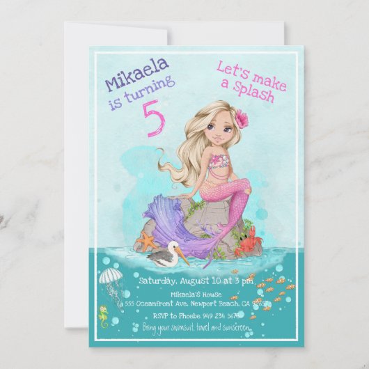 Whimsical Blonde Pink Mermaid Girl Birthday Party Einladung (Vorderseite)