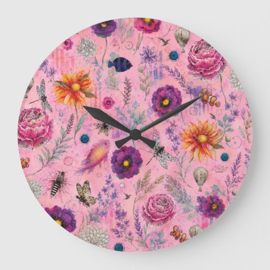 Whimsical Bloom Garten Große Wanduhr (Vorderseite)