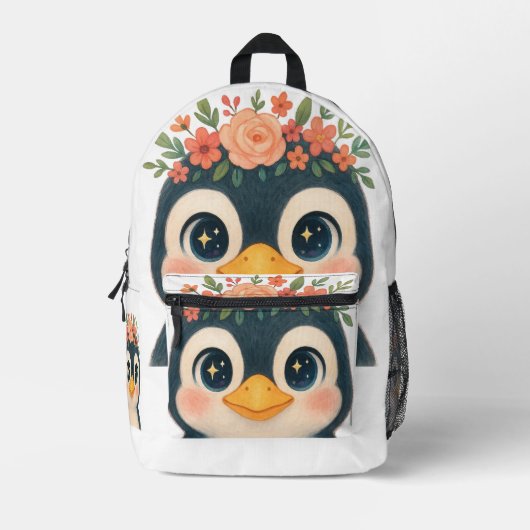 Whimsical Bloom Penguin Bedruckter Rucksack (Vorderseite)