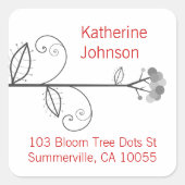 Whimsical Bloom Tree Gray Dots Chic Rücksendeadres Quadratischer Aufkleber (Vorderseite)