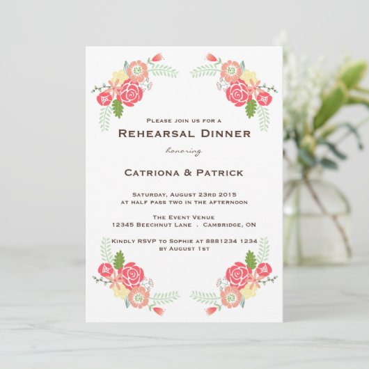 Whimsical Blooms Probe Abendessen Einladung (Stehend Vorderseite)