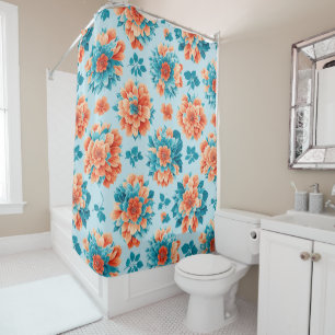 Whimsical Blue and Orange Blossoms: Künstlerisch Duschvorhang